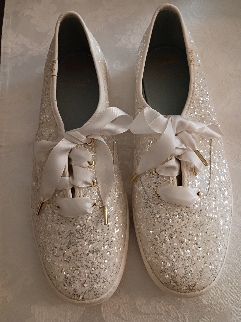 Kate Spade X Keds Triple Glitter Sequin Ribbon Lace  Silver Bride Sneakers Sz 9